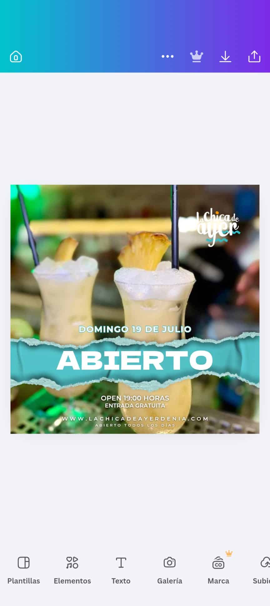 Cartel apertura bar La Chica de Ayer Dénia cócteles piña